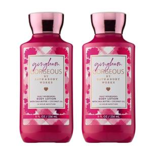 Bath & Body Works Gingham Gorgeous Body Lotion, Lightweight Daily Moisturizer with Shea Butter & Coconut Oil – Pink Strawberries, Peony Blooms, and Peach Nectar Scent, 8 fl oz – 2 Pack