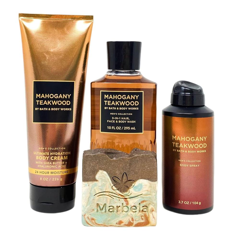 image:imageBath amp Body Works Mens Collection Mahogany Teakwood 3 Piece Gift Set Body Cream 3in1 Hair Face amp Body Wash Body Spray with a Cabin Spice Bar Soap Full Size